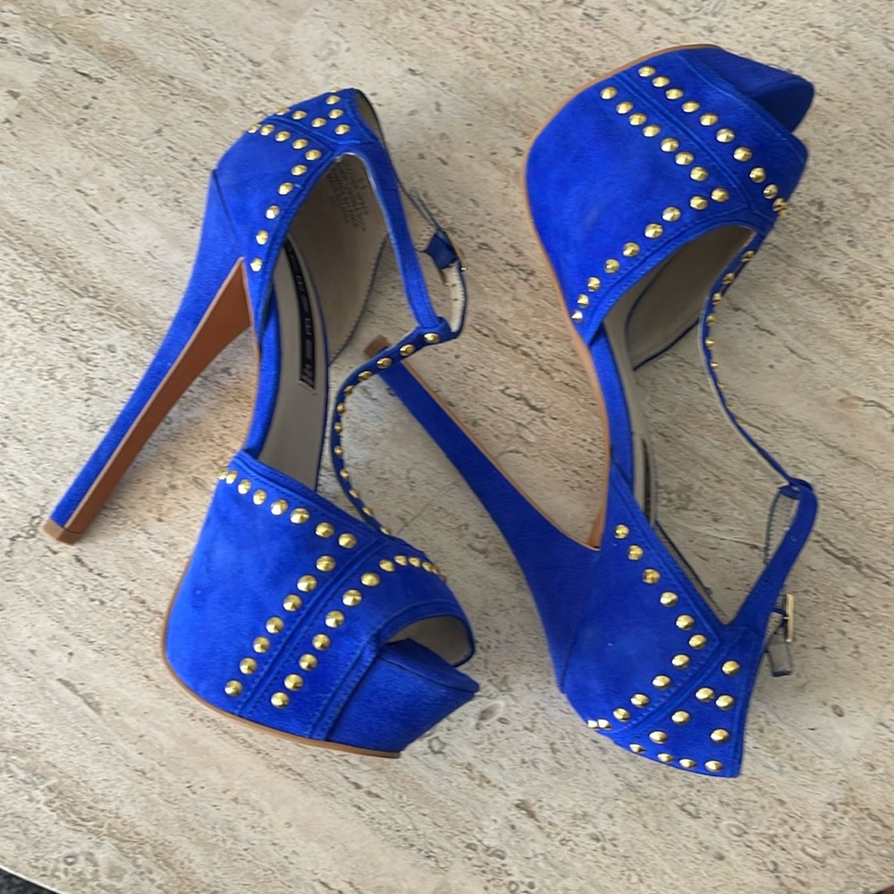 STEVEN Steve Madden ASTRRO Blue Gold Studded Leather Suede Stiletto heel Sz 8.5 - Picture 12 of 17